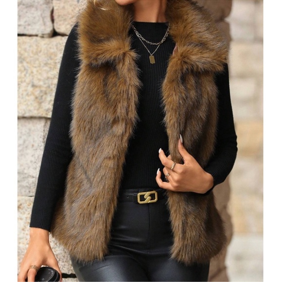 Luxe Vegan Fur Wide Collar Open Front Vest S M L XL - Picture 1 of 5